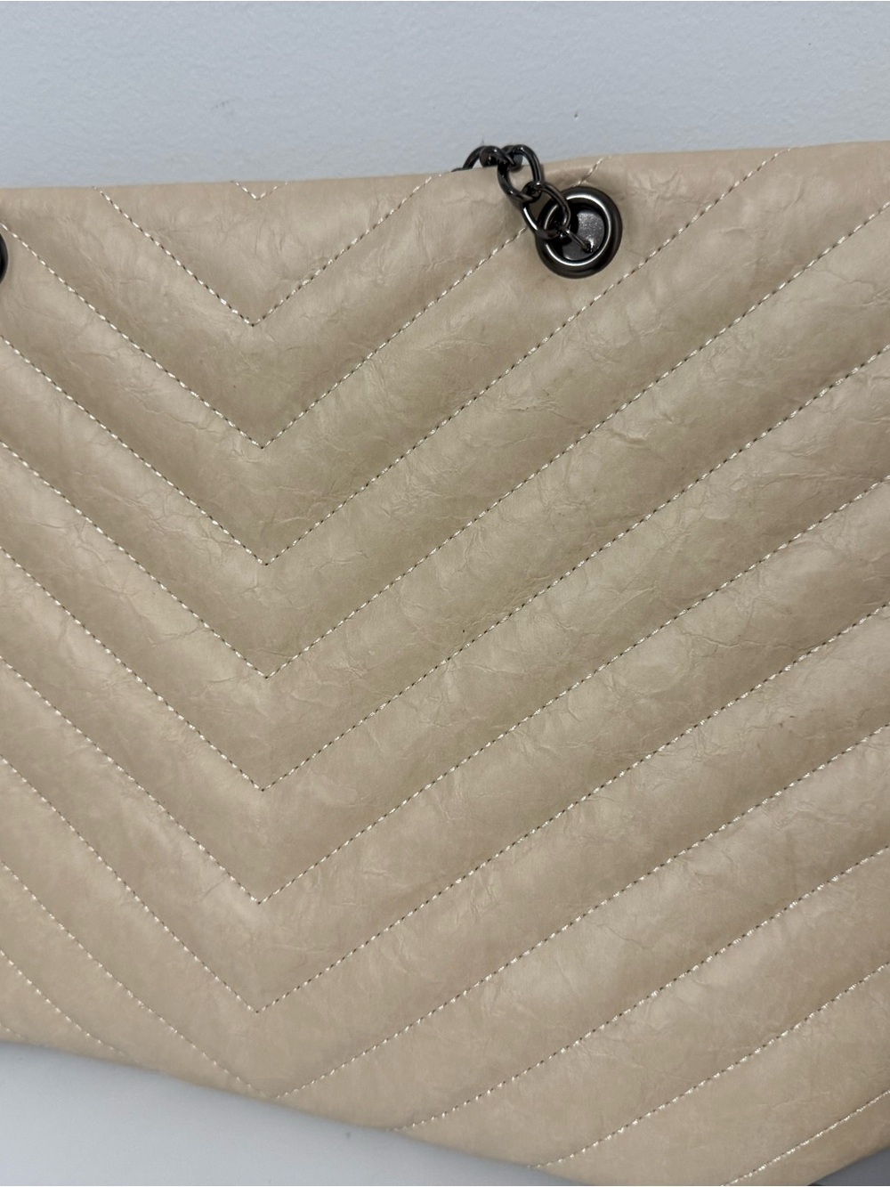 Chevron Quilted Tote Bag in Beige with Chain Accent